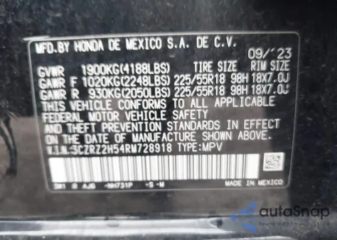2024 Honda Hr-V Awd Sport/Awd Sport W/O Bsi from USA, damaged, VIN 3CZRZ2H54RM728918